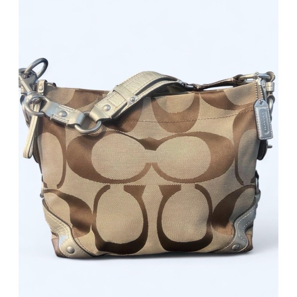 y2k Coach Carly brown/tan signature canvas handbag with silver hardware Medium